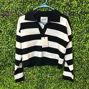 Black and White V Neck Striped Sweater
